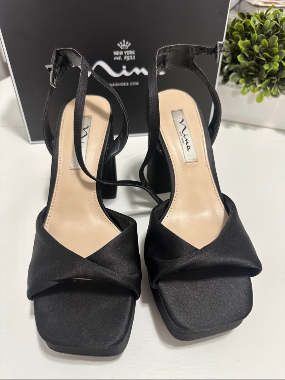 NINA Stacie-LS Black Luster Satin Platform Block Heel - 8.5 M